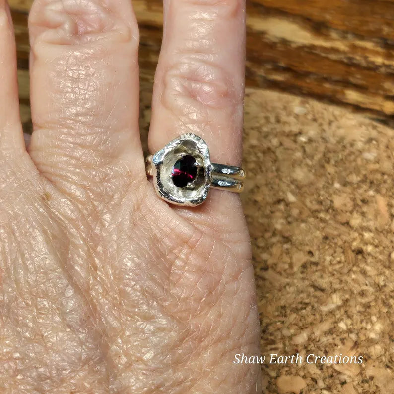 Hand Faceted Garnet Rustic Sterling Silver Ring