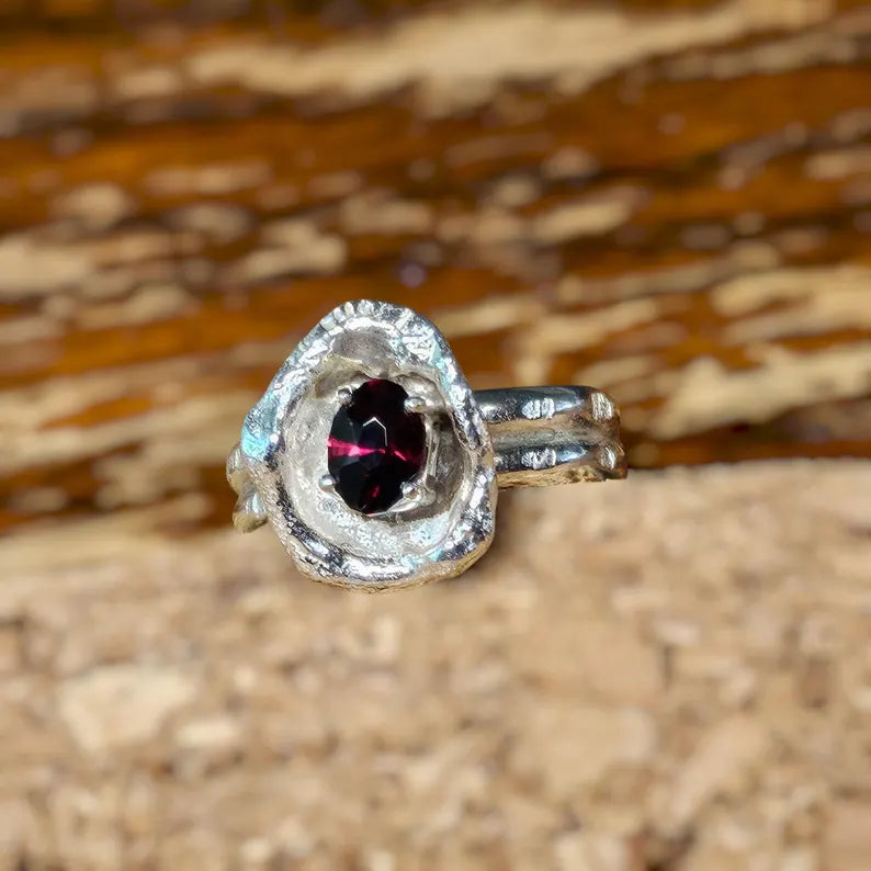 Hand Faceted Garnet Rustic Sterling Silver Ring