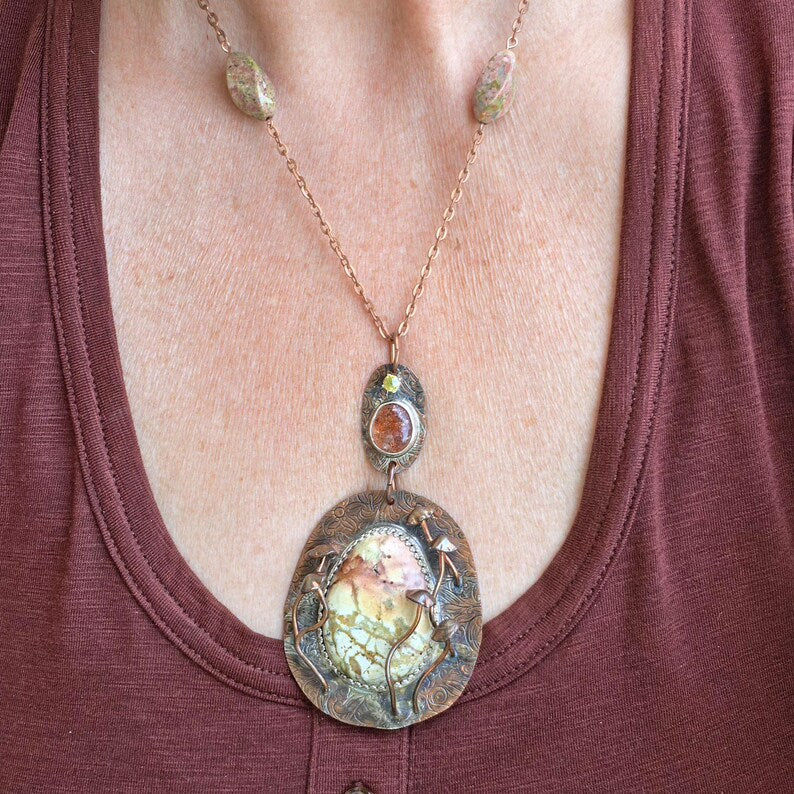 Handcut Peridot Rhyolite Sunstone Unakite Copper Necklace
