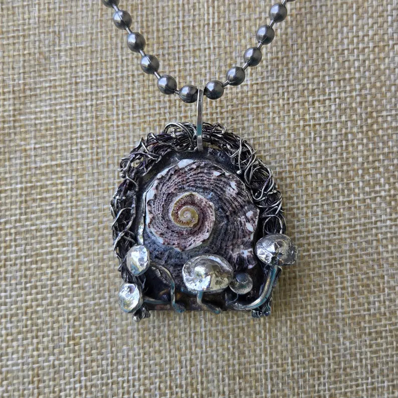 Turban Shell Portal Silver Mushroom Necklace