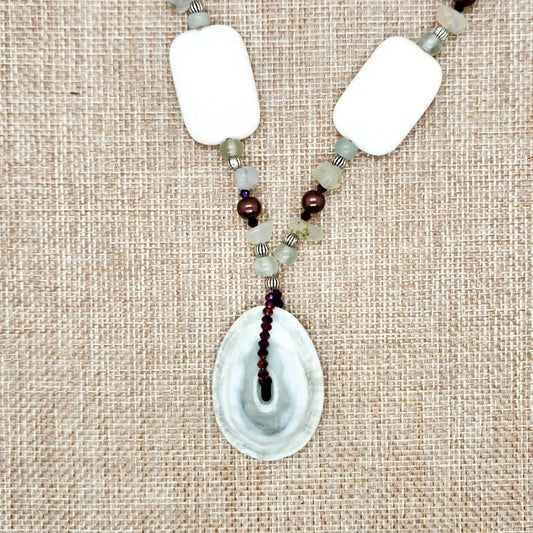 Hand Beaded Seashell Jade Phrenite and Howlite Necklace