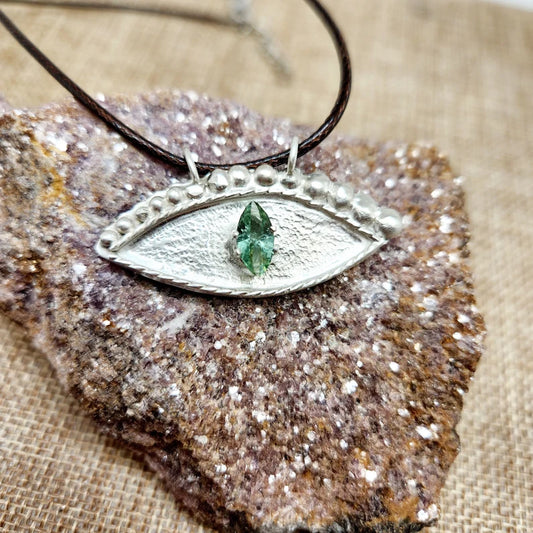 Handcut Green Tourmaline Mystic Eye Sterling Silver Necklace