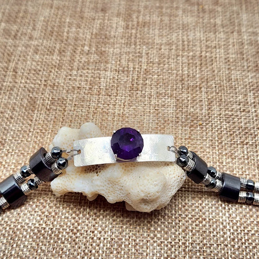 Hand Faceted Large Amethyst Sterling Silver and Hematite Bracelet