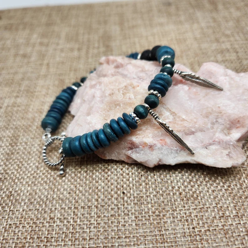 Hand Beaded Blue Feather Infusion Bracelet for Perfume or Essential Oils
