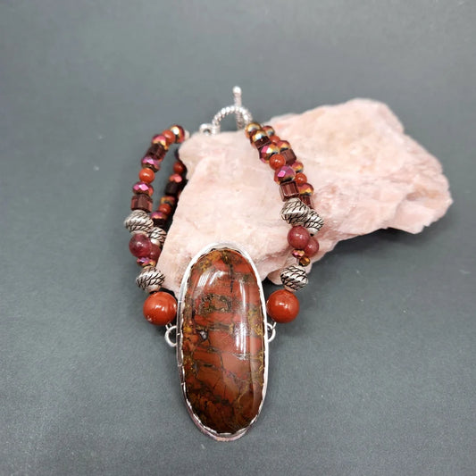 Handcut Brecciated Jasper Sterling Silver Bracelet with Red Jasper, Smoky Quartz, and Carnelian Beading