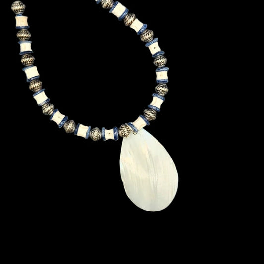 Hand Beaded Mother of Pearl, Kyanite and Fishbone Necklace