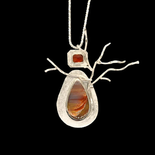 Handcut Fire Opal and Petrified Wood Sterling Silver Necklace