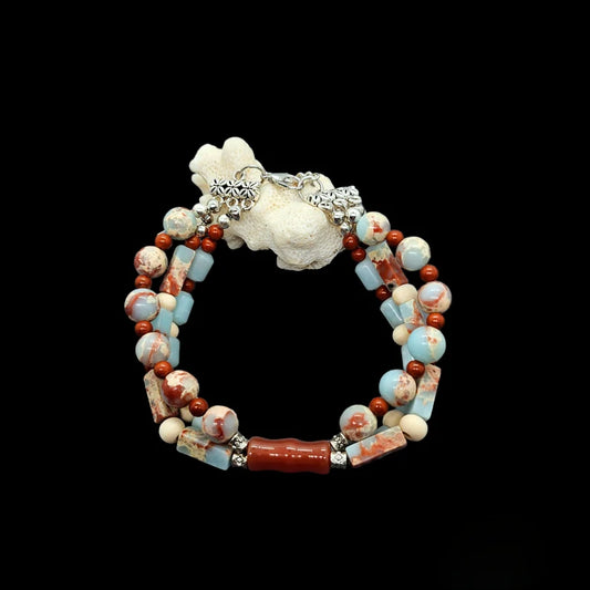 Hand Beaded Peruvian Blue Opal, Carnelian and Red Jasper Three Strand Adjustable Bracelet