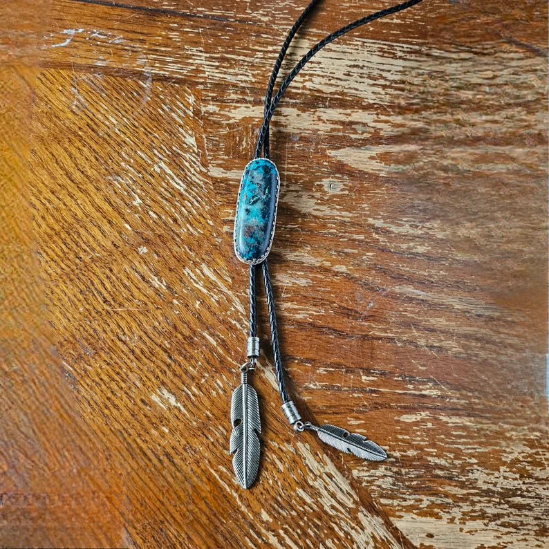 Handcut Chrysocolla Cuprite Sterling Silver Handmade Bolo Tie