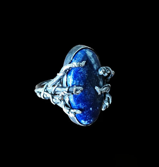 Handcut Lapis Lazuli Claw Branch Sterling Silver Fantasy Goth Ring