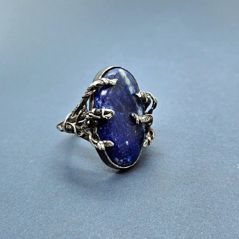 Handcut Lapis Lazuli Claw Branch Sterling Silver Fantasy Goth Ring
