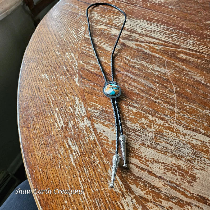 Handcut Turquoise Spiny Oyster and Bronze Sterling Silver Handmade Bolo Tie