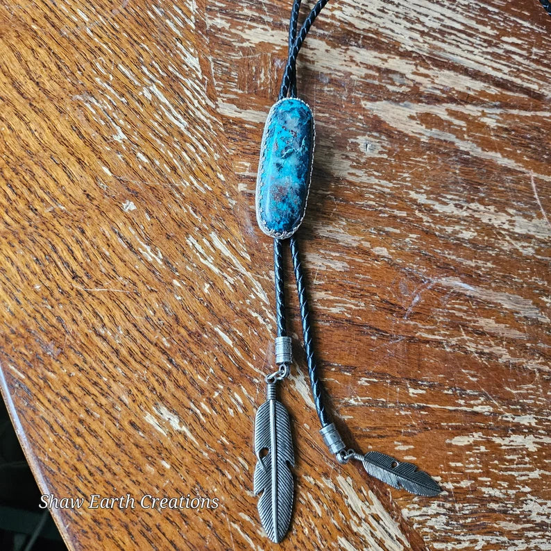 Handcut Chrysocolla Cuprite Sterling Silver Handmade Bolo Tie