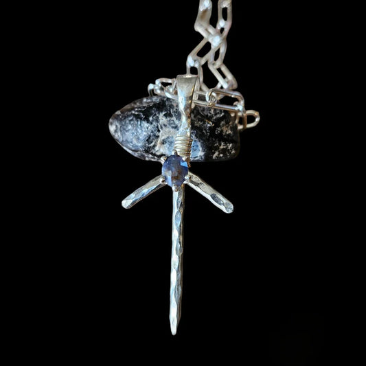Handcut 1.5ct Blue Sapphire Silver Fantasy Sword Cosplay Necklace