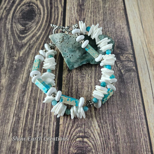 Hand Beaded Blue Opal Puka Shell Crisscross Bracelet