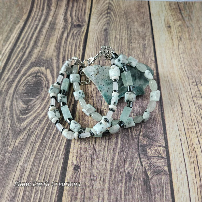 Hand Beaded Variscite and Hematite Bracelet