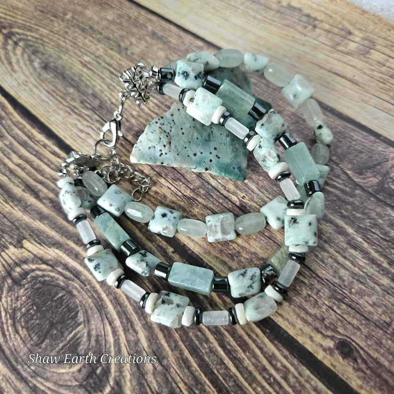 Hand Beaded Variscite and Hematite Bracelet