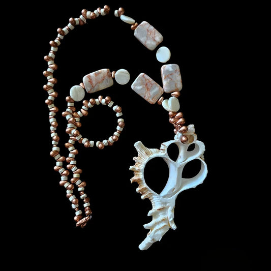 Hand Beaded Copper Picture Jasper and Seashell Necklace