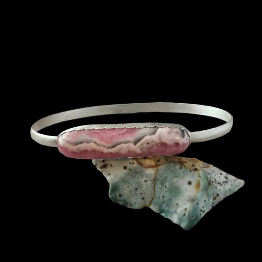 Handcut Argentinian Rhodochrosite Sterling Silver Bangle Bracelet