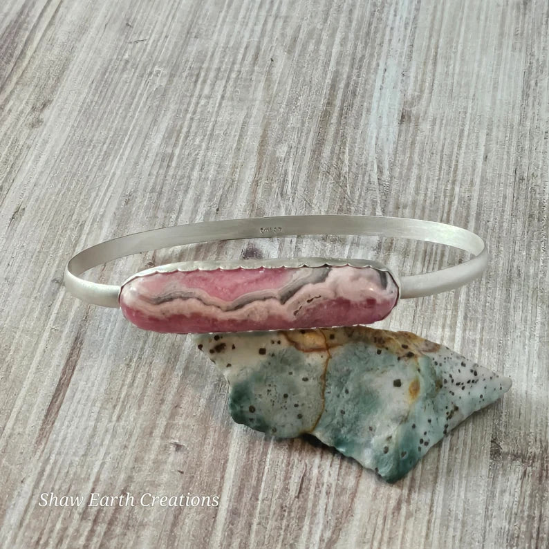 Handcut Argentinian Rhodochrosite Sterling Silver Bangle Bracelet