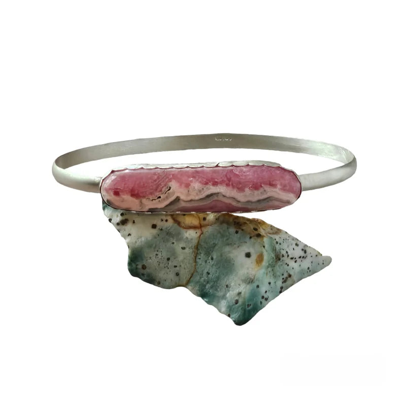 Handcut Argentinian Rhodochrosite Sterling Silver Bangle Bracelet