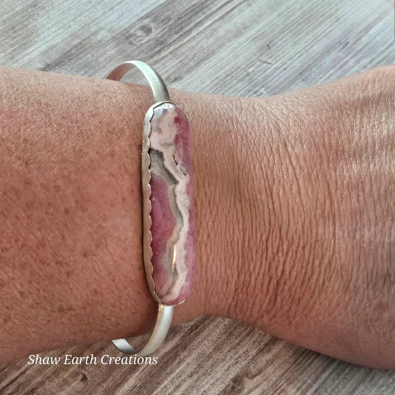 Handcut Argentinian Rhodochrosite Sterling Silver Bangle Bracelet