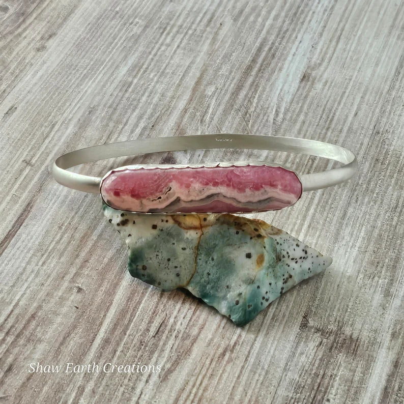 Handcut Argentinian Rhodochrosite Sterling Silver Bangle Bracelet