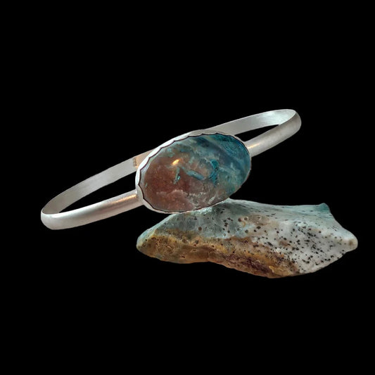 Handcut Gem Silica Sterling Silver Bangle Bracelet
