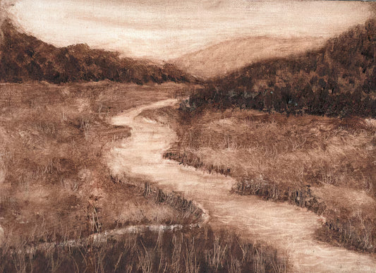 Original Sepia Landscape Painting "Sepia Stream" – Rustic Mountain Stream & Grassland Monochrome Art Painting