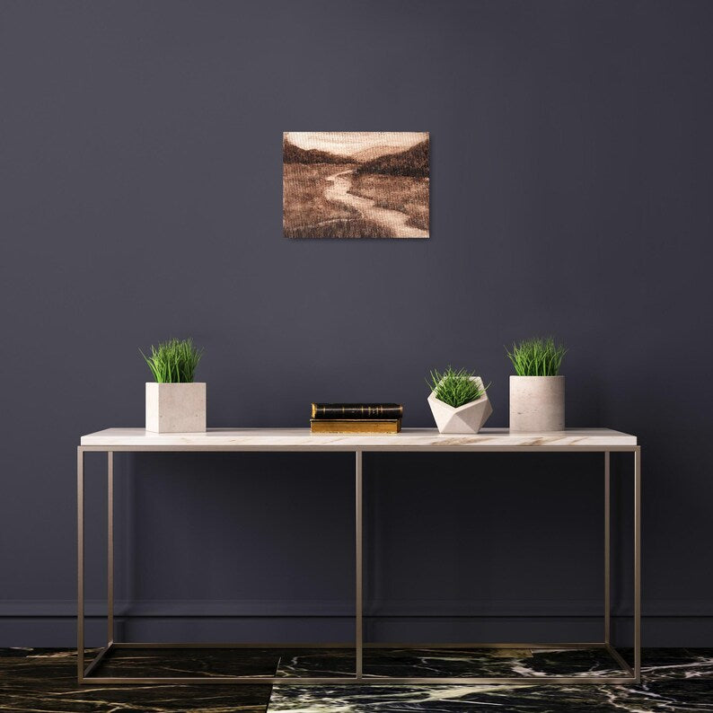 Original Sepia Landscape Painting "Sepia Stream" – Rustic Mountain Stream & Grassland Monochrome Art Painting
