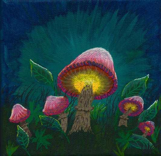 Original Fantasy Art – Pink Mushrooms & Fairy Fae Painting – Magical Forest Scene