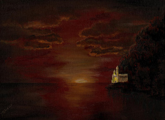 Castle in the Rock Original Fantasy Dark Goth Painting, Part of The Shadow Realm Collection, handmade by Shaw Earth Creations