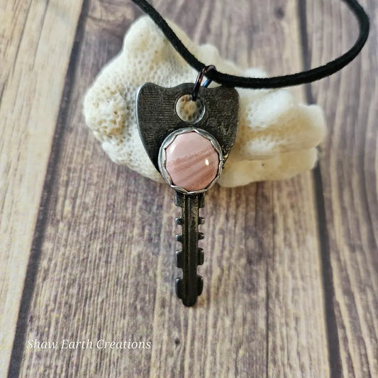 Handcut Peruvian Pink Opal Vintage Key Necklace