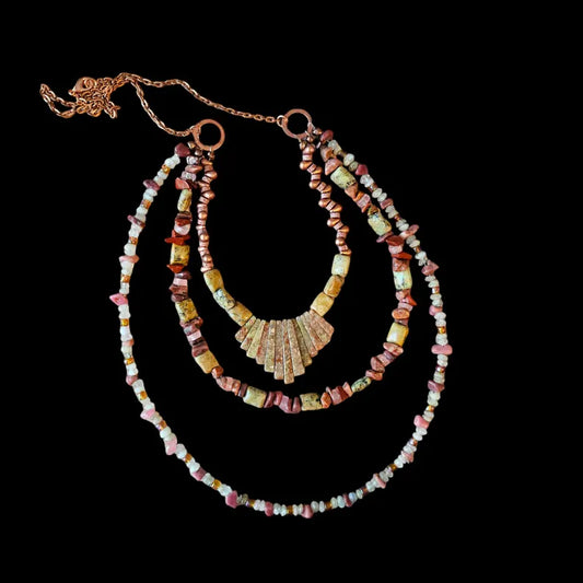 Hand Beaded Rhodonite Rose Quartz and Moonstone Multi Strand Necklace