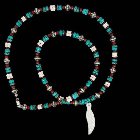 Hand Beaded Turquoise Jasper and Fishbone Feather Necklace