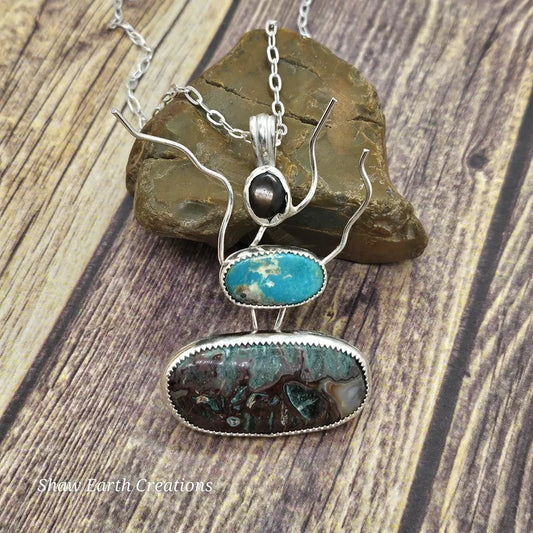 Handcut Star Sapphire Turquoise Idaho Seam Agate Sterling Silver Necklace