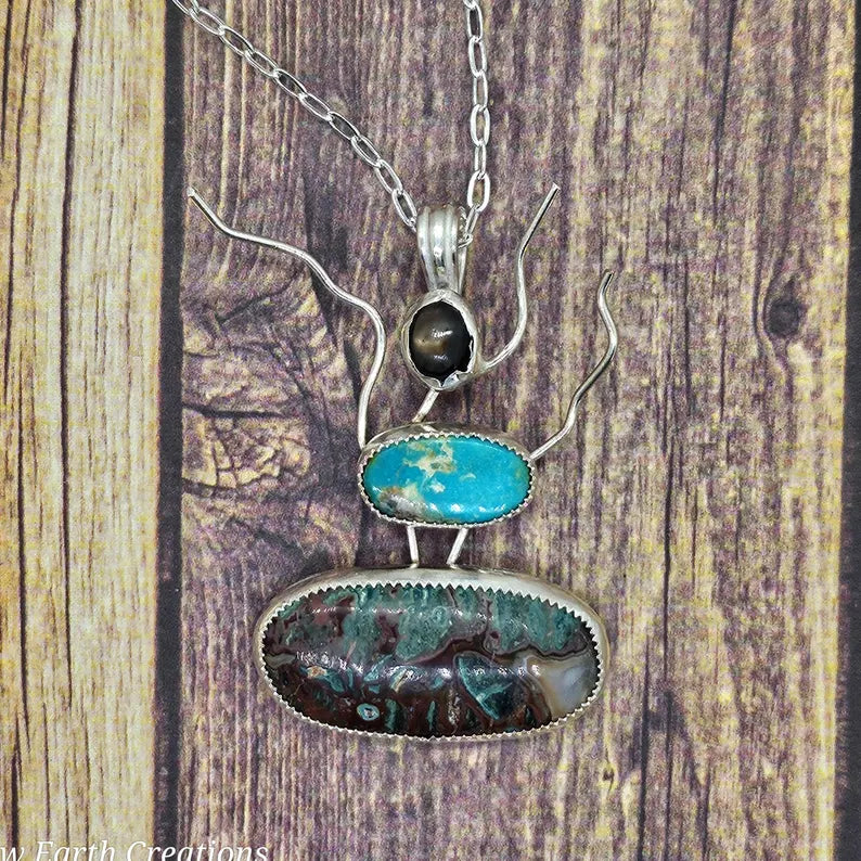 Handcut Star Sapphire Turquoise Idaho Seam Agate Sterling Silver Necklace