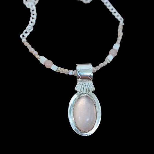 Handcut Rose Quartz Beaded Sterling Silver Necklace