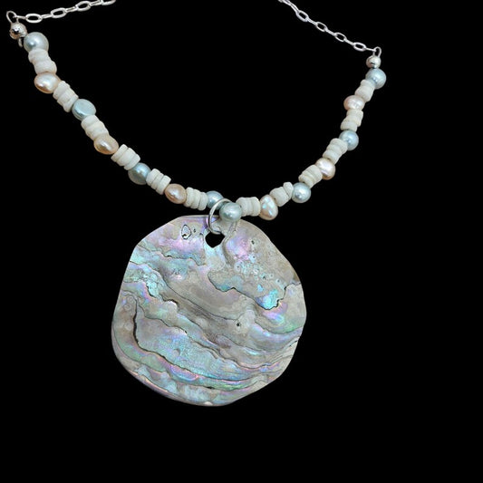 Handcut Abalone Freshwater Pearl Sterling Silver Necklace