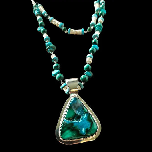 Handcut Malachite Azurite Turquoise Reversible Beaded Sterling Silver Necklace