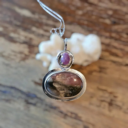 Handcut North Carolina Ruby and Picture Jasper Sterling Silver Necklace