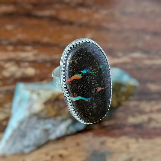 Handcut Australian Boulder Opal Large Statement Sterling Silver Ring