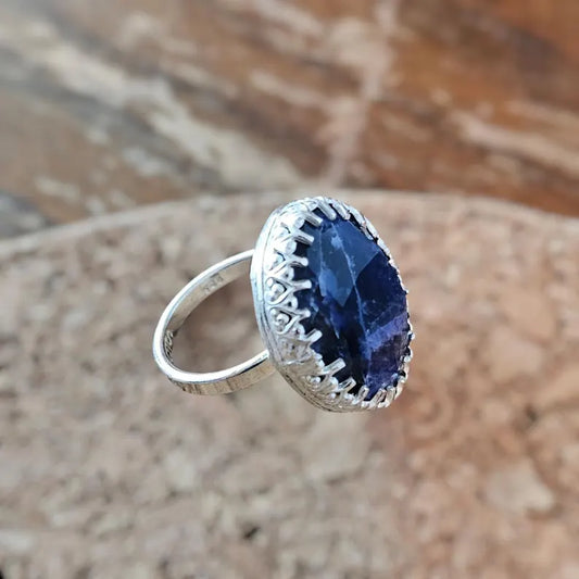 Handcut Sodalite Ring Blue and White Gemstone in Sterling Silver Artisan Statement Jewelry