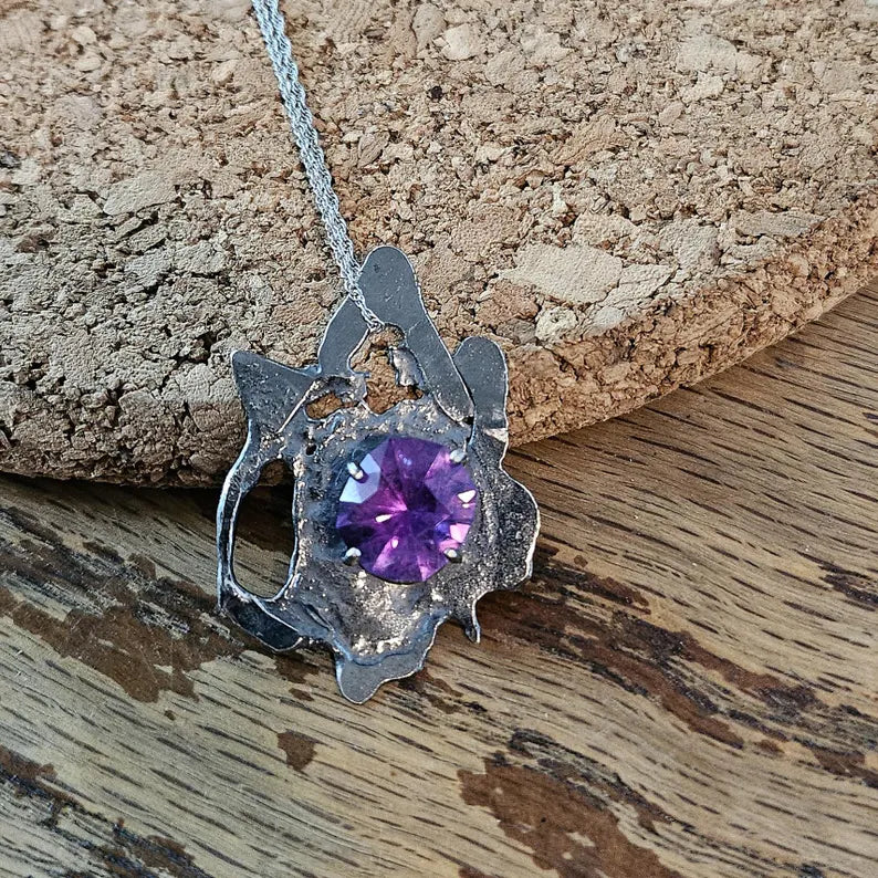 Handcut Amethyst Talisman Necklace Brutalist Sterling Silver Pendant Mystic Artisan Jewelry
