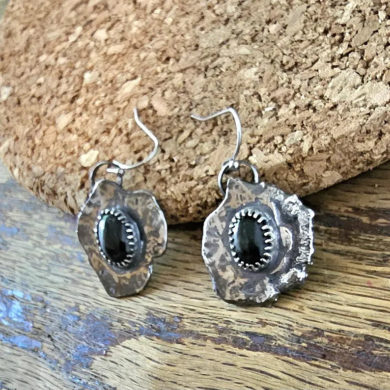 Black Star Diopside Earrings Brutalist Sterling Silver Handcut Gemstone Power Jewelry