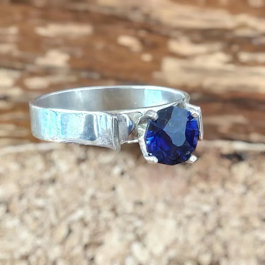 Handcut 1.5ct Lab Grown Sapphire Silver Ring