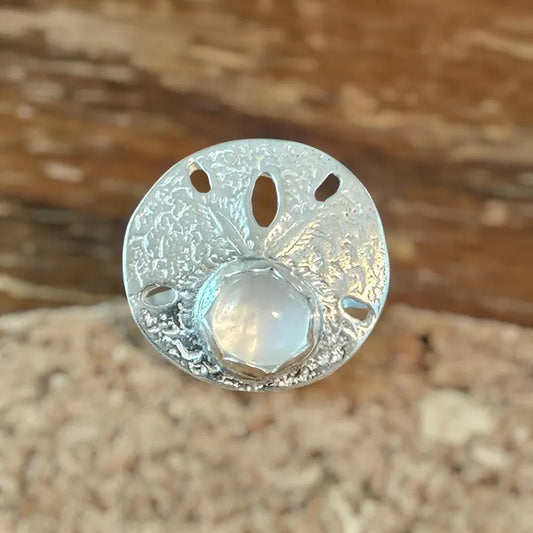 Moonstone Sand Dollar Ring Handcut Silvery White Gem in Sterling Silver Ocean Inspired Jewelry