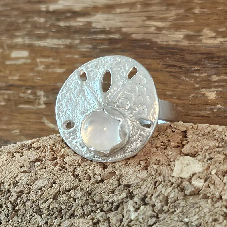 Moonstone Sand Dollar Ring Handcut Silvery White Gem in Sterling Silver Ocean Inspired Jewelry