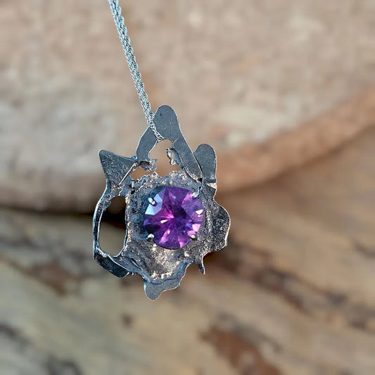 Handcut Amethyst Talisman Necklace Brutalist Sterling Silver Pendant Mystic Artisan Jewelry