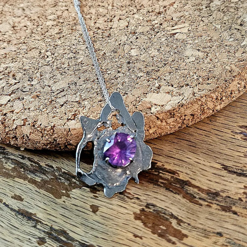 Handcut Amethyst Talisman Necklace Brutalist Sterling Silver Pendant Mystic Artisan Jewelry